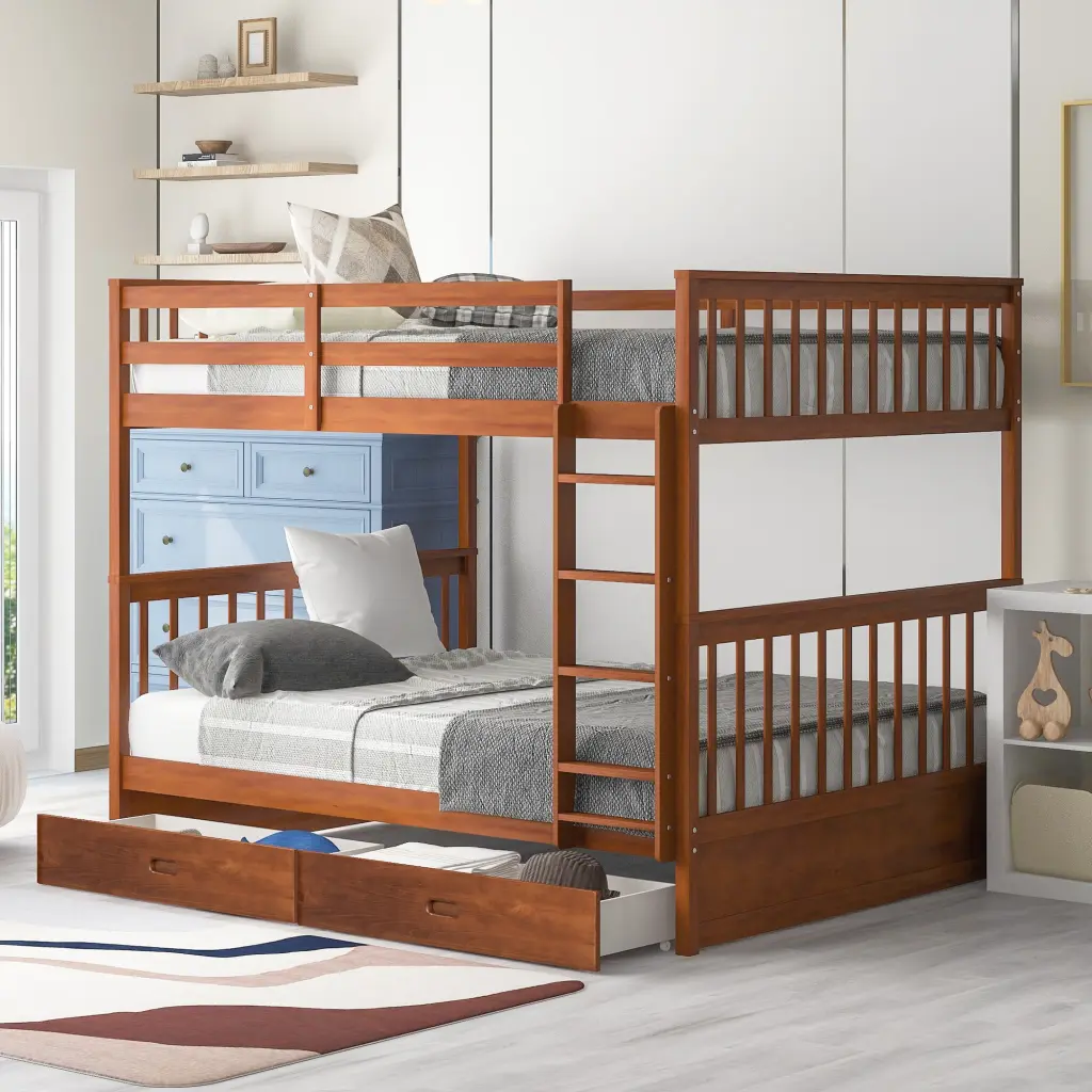 Full Over Full Bunk Bed Ladders And Two Storage Drawers Walnut Solid Wood lucky furniture