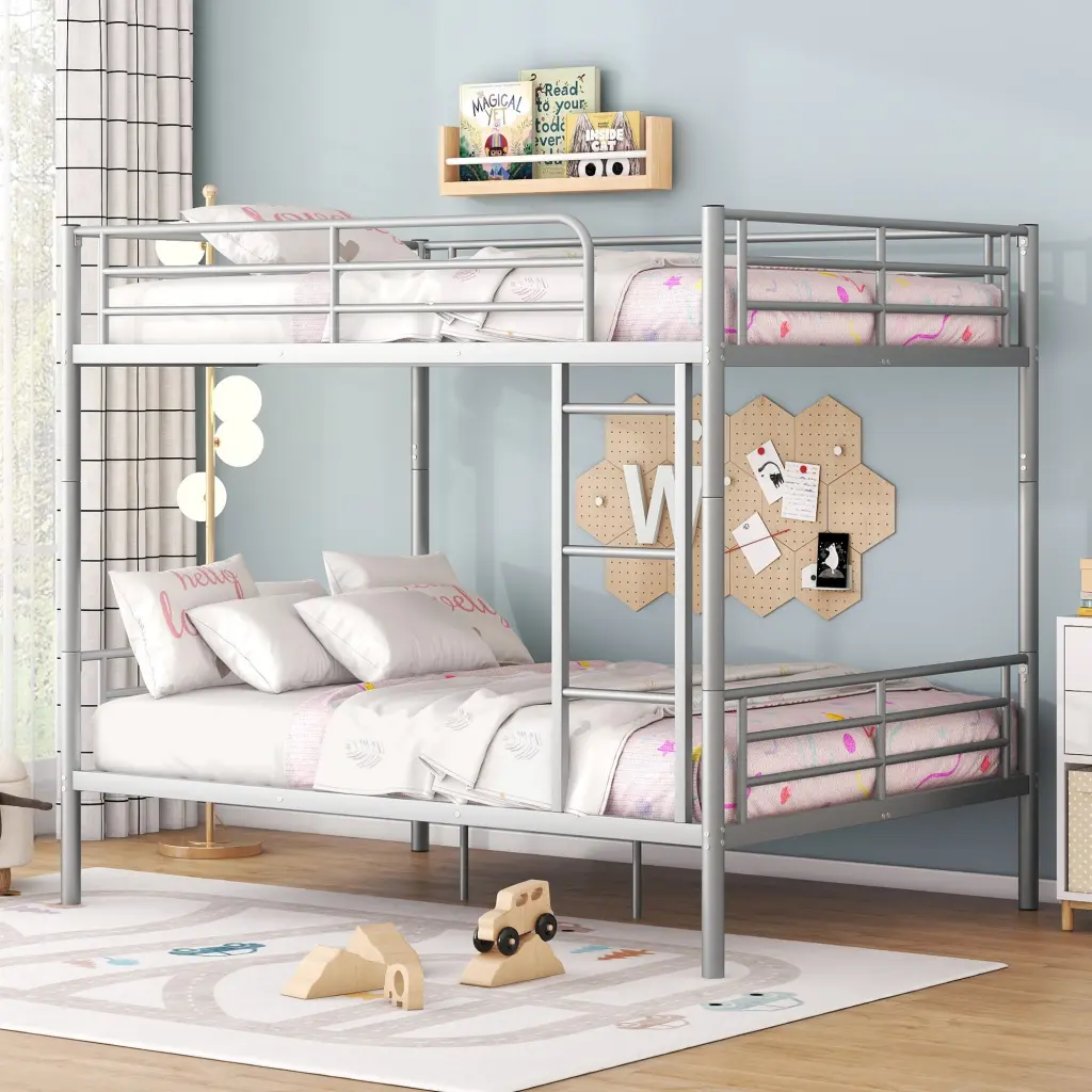 Full Over Full Metallic Bunk Bed Silver Shiny Metal Ferrous Metal lucky furniture