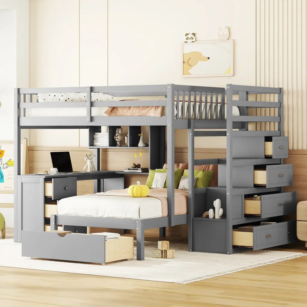 Full Over Twin Bunk Bed Desk Drawers And Shelves Gray lucky furniture