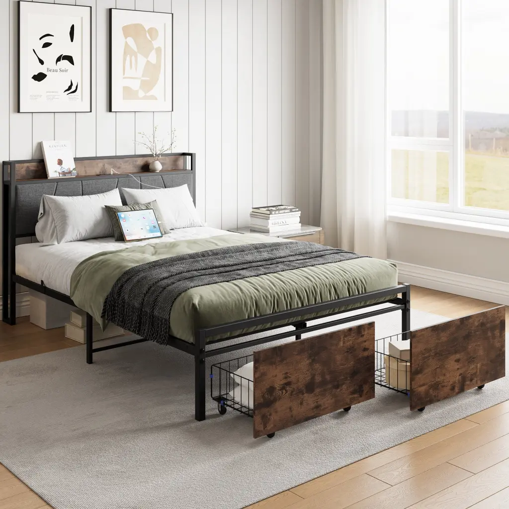 Full Size Bed Frame Storage Headboard Charging Station and 2 Storage Drawers home furniture