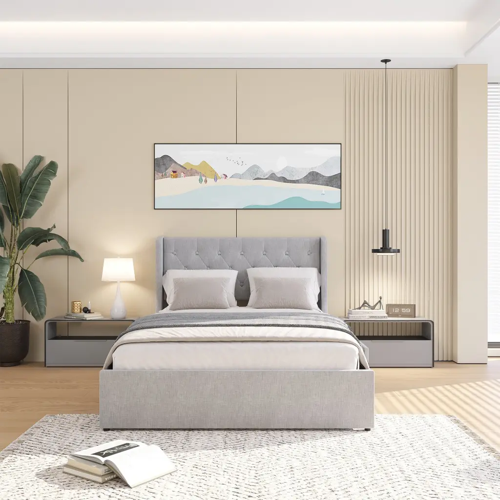 Full Size Bed Frame 4 Storage Drawers and Wingsupport Headboard, Sturdy Wooden Platform Bed jada sports
