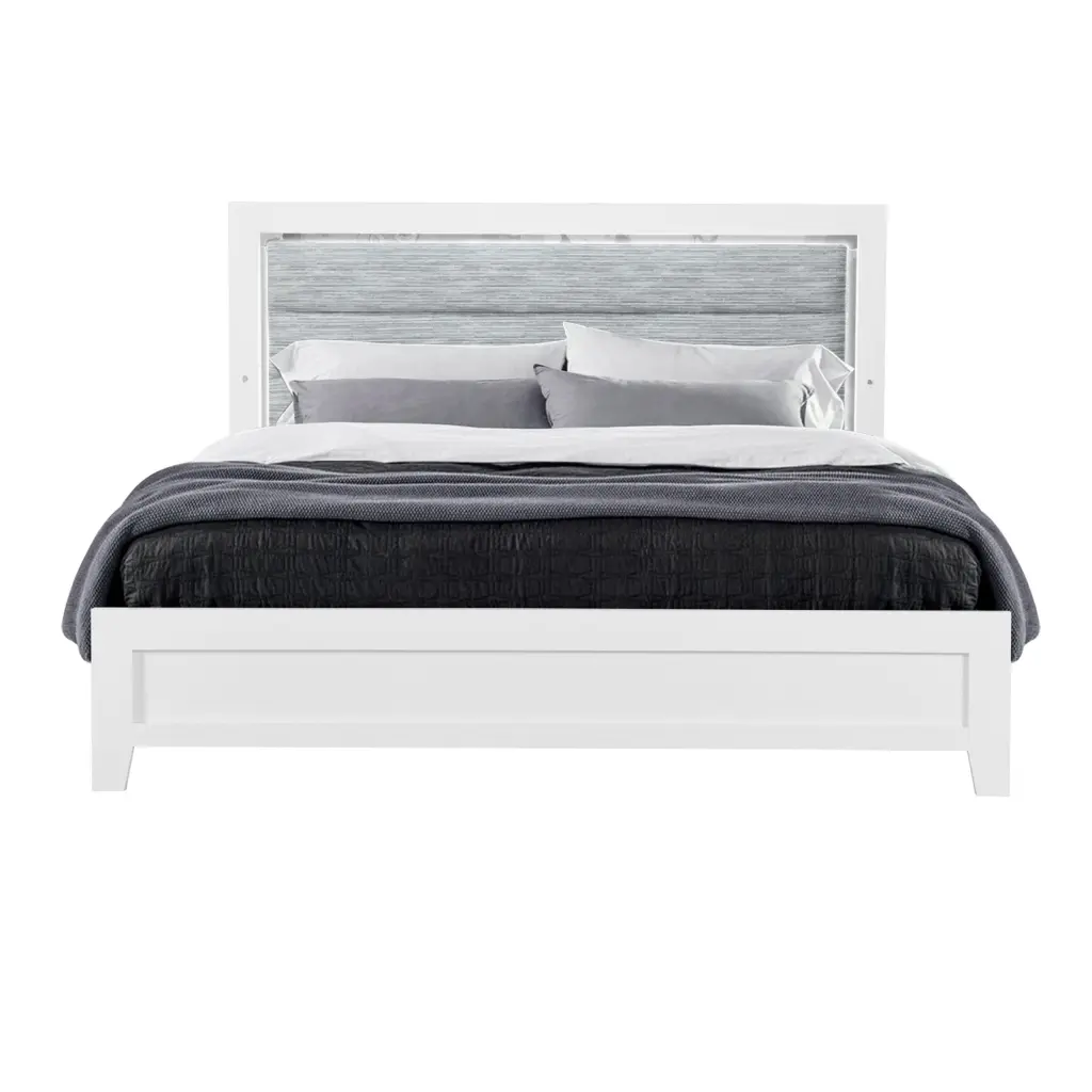 Omoda White Full Bed LED Lights, White Rubber Wood Platform Bed Frame Storage luxe modern furniture