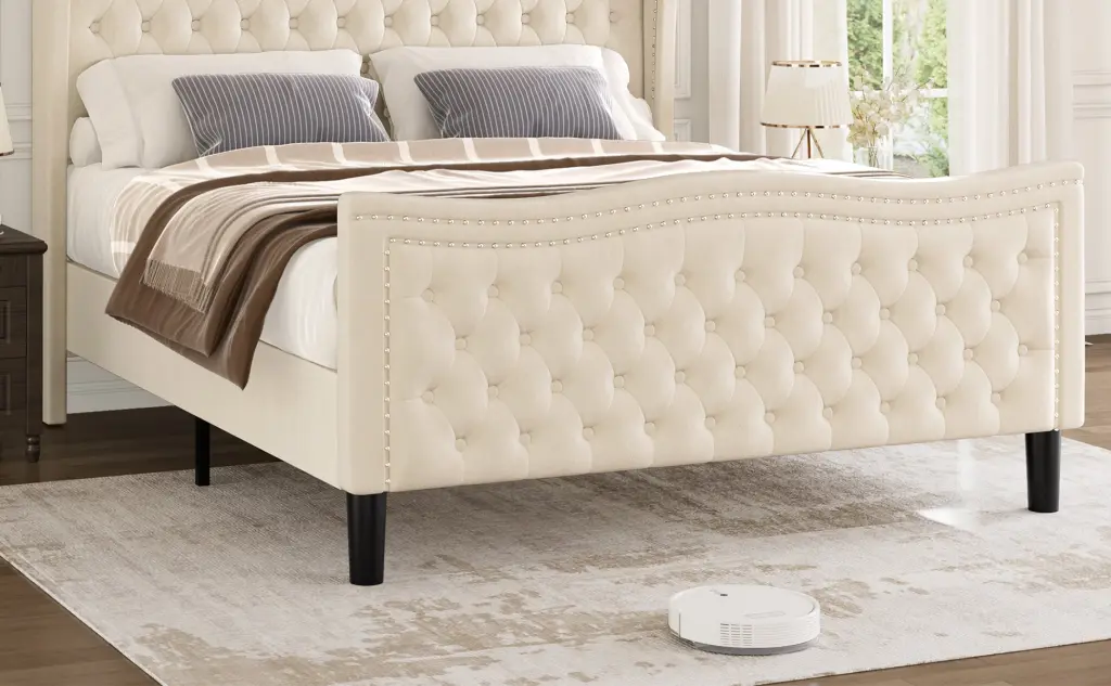 Lift Up Velvet Beige Full Size Bed Frame Box Spring Not Required aobang furniture