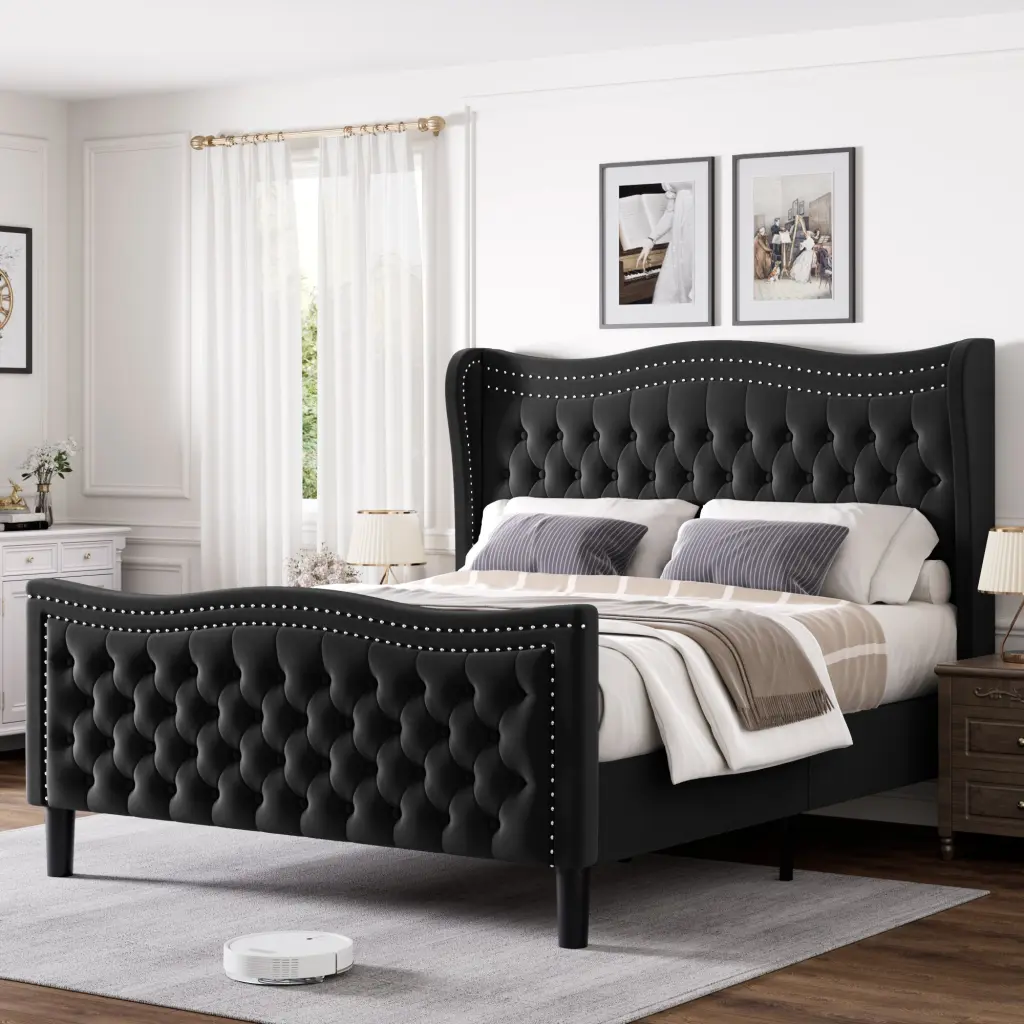 Lift Up Velvet Black Full Size Bed Frame Box Spring Not Required aobang furniture