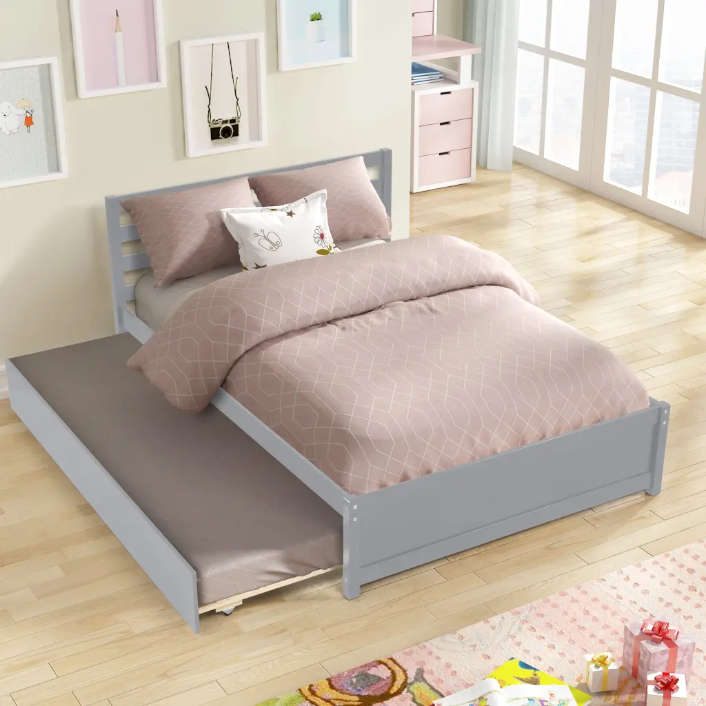 Full Size Wood Platform Bed Frame Headboard and Twin Trundle fangxing