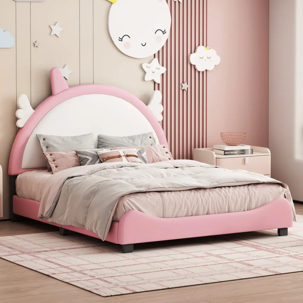 Cute Full Size Upholstered Bed Unicorn Headboard Princess Bed homey life