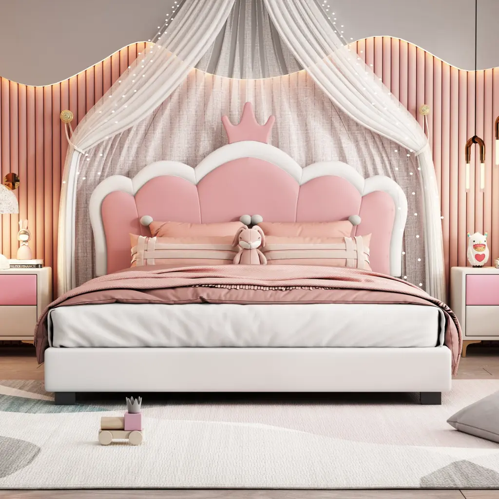 Full Size Upholstered Princess Bed Crown Headboard and Platform homey life