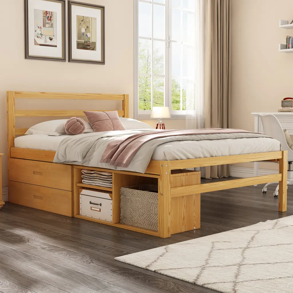 Full Size Wood Platform Bed Removable Storage Shelves homey life