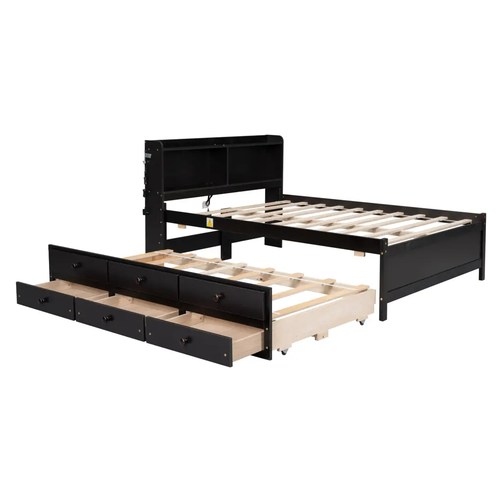 Full Size Bed USB & Type C Ports, LED Light, and Bookcase Headboard inspirit