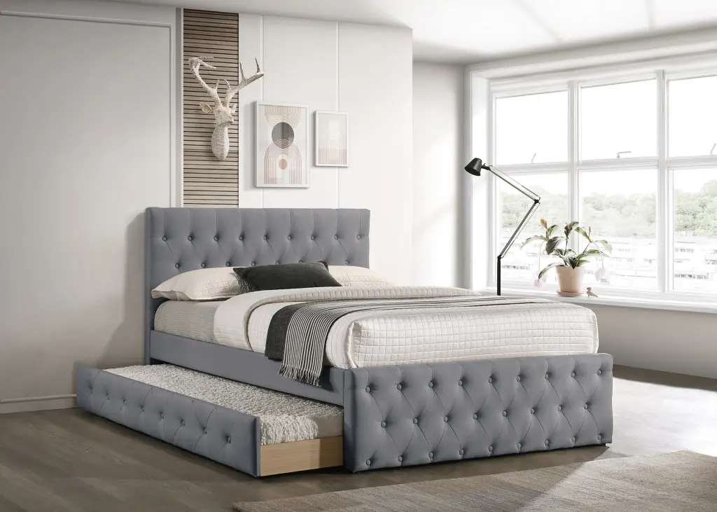 Contemporary Full Size Bed W Trundle Slats Light Grey Burlap Upholstered kanepe