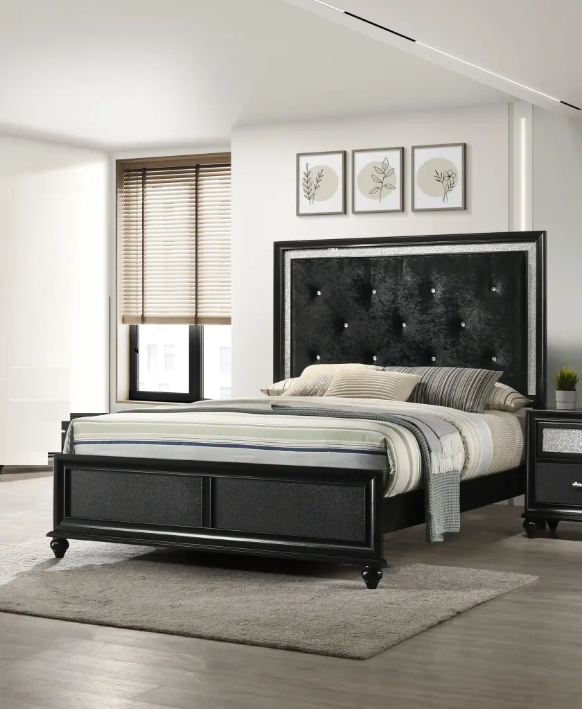 Modern Glam Style Black Finish Upholstered Full Size Panel Bed kanepe