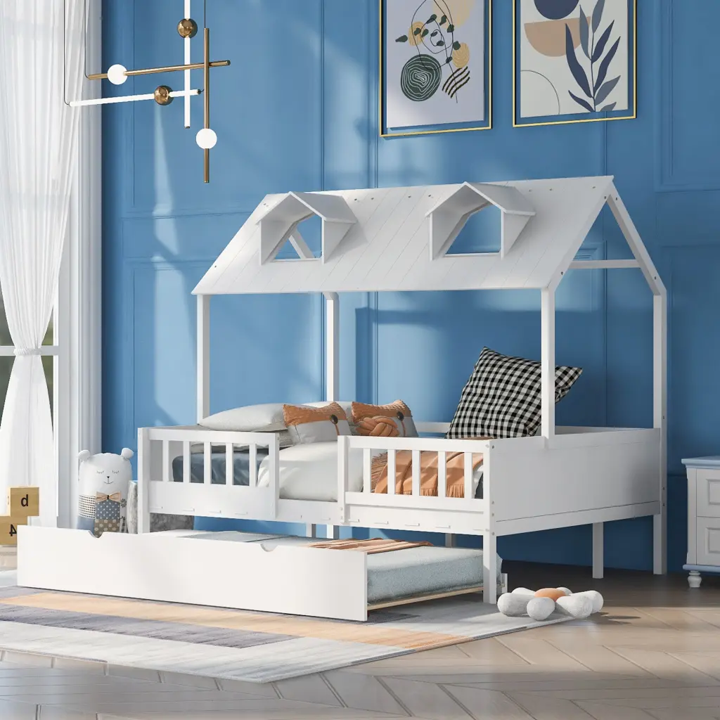 Full Size Houtilize Bed Twin Size Trundle White Solid Wood lucky furniture