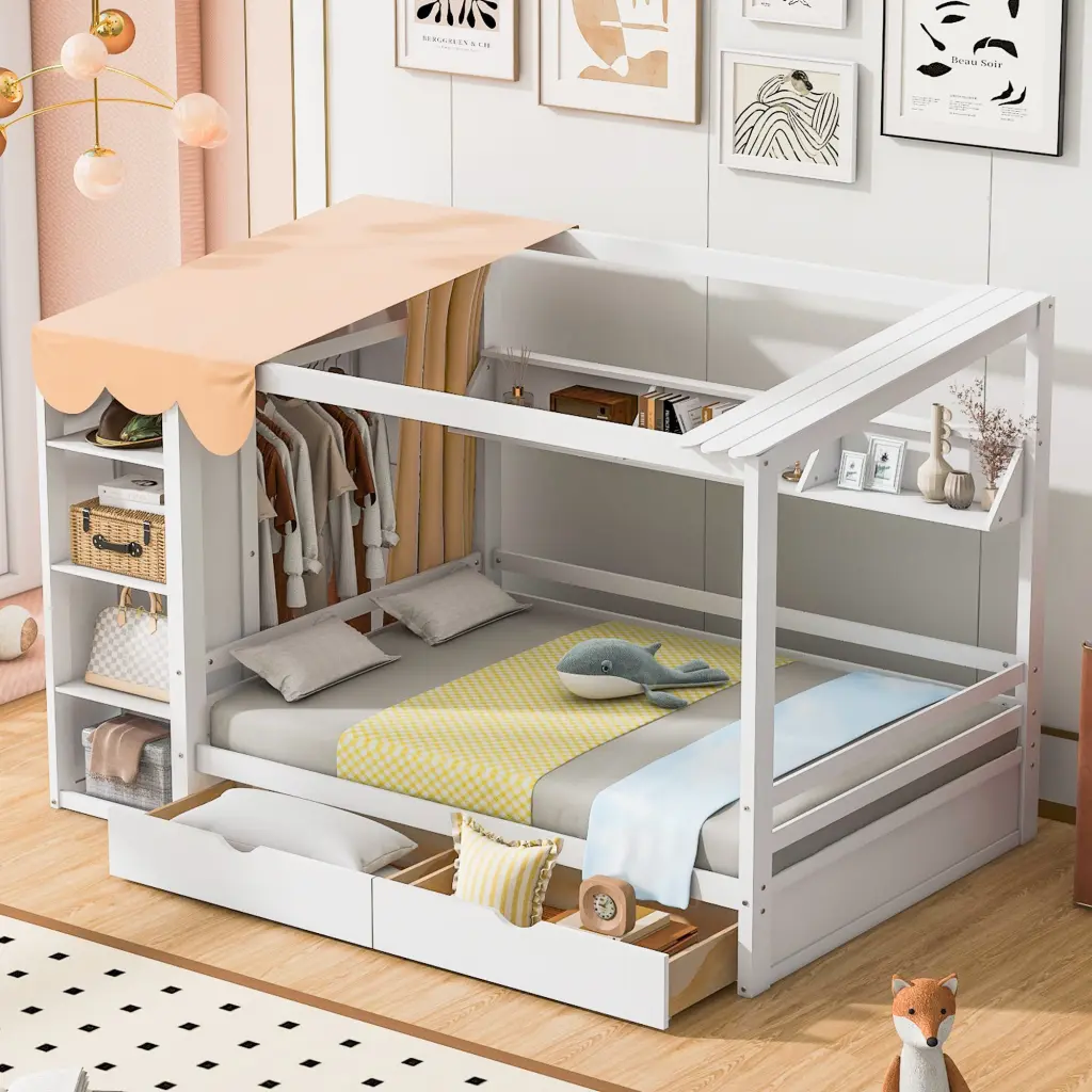 Full Size Houtilize Bed Two Drawers and Wardrobe White Finish lucky furniture