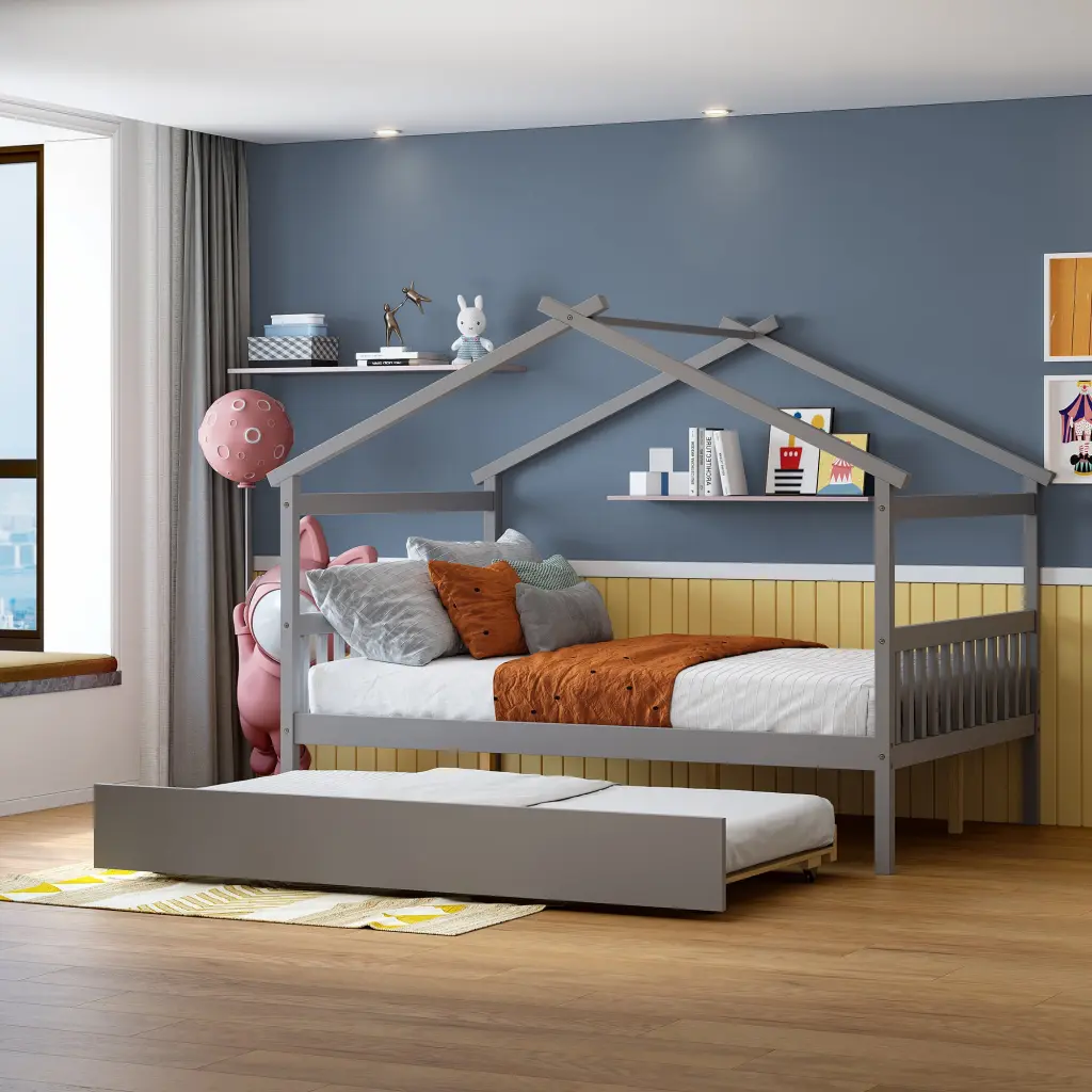 Full Size Wooden Houtilize Bed Twin Trundle Gray Finish lucky furniture