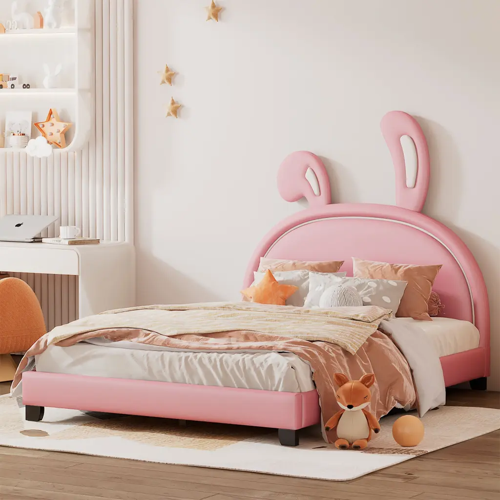 Pink Upholstered Leather Platform Bed Rabbit Ornament Full Size lucky furniture