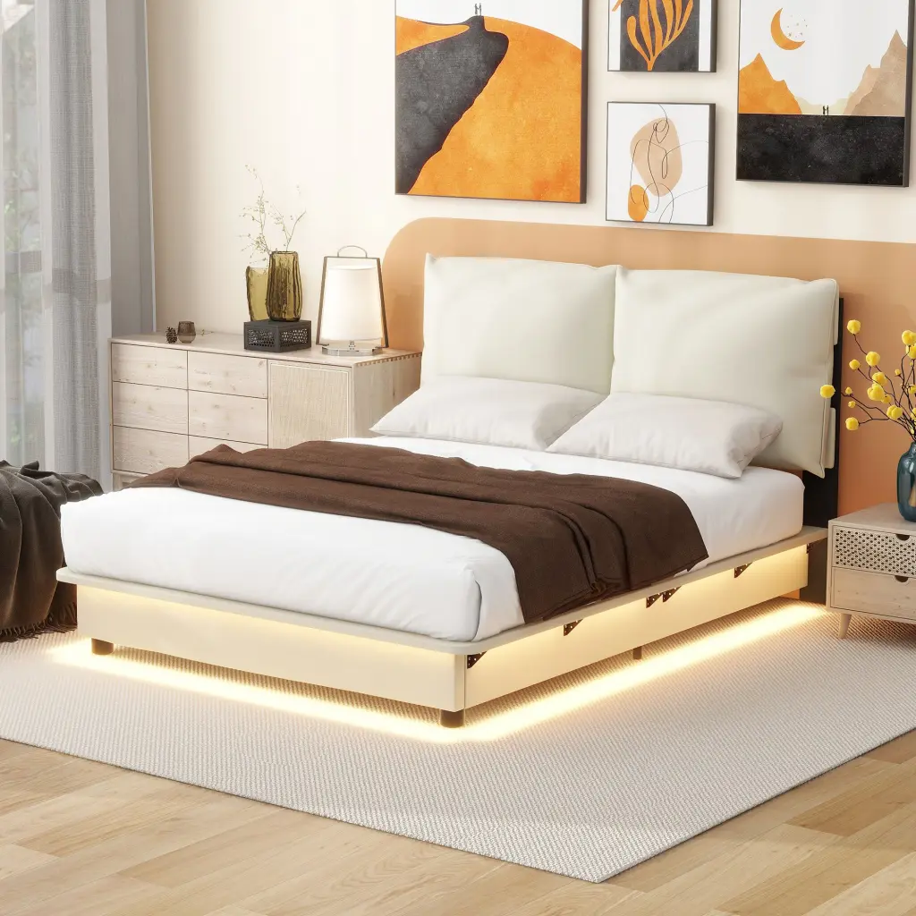 Full Size Upholstered Platform Bed Sensor Light and Ergonomic Design lucky world