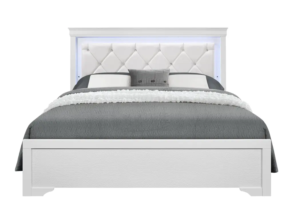 Shaker Crocodile Metallic White Full Bed LED Lighting and Solid Timber MDF Frame luxe modern furniture