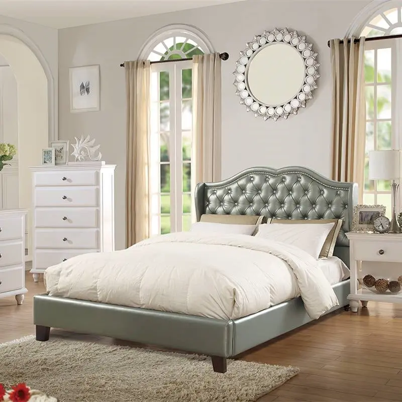 Full Bed Frame Pu Silver Leather Modern Platform Bed Headboard poundex