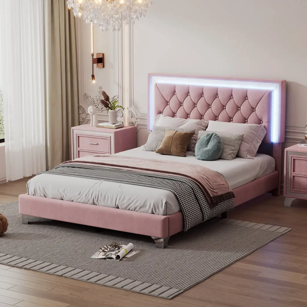 Full Size Upholstered Bed Frame LED Lights Modern Velvet Platform rnb