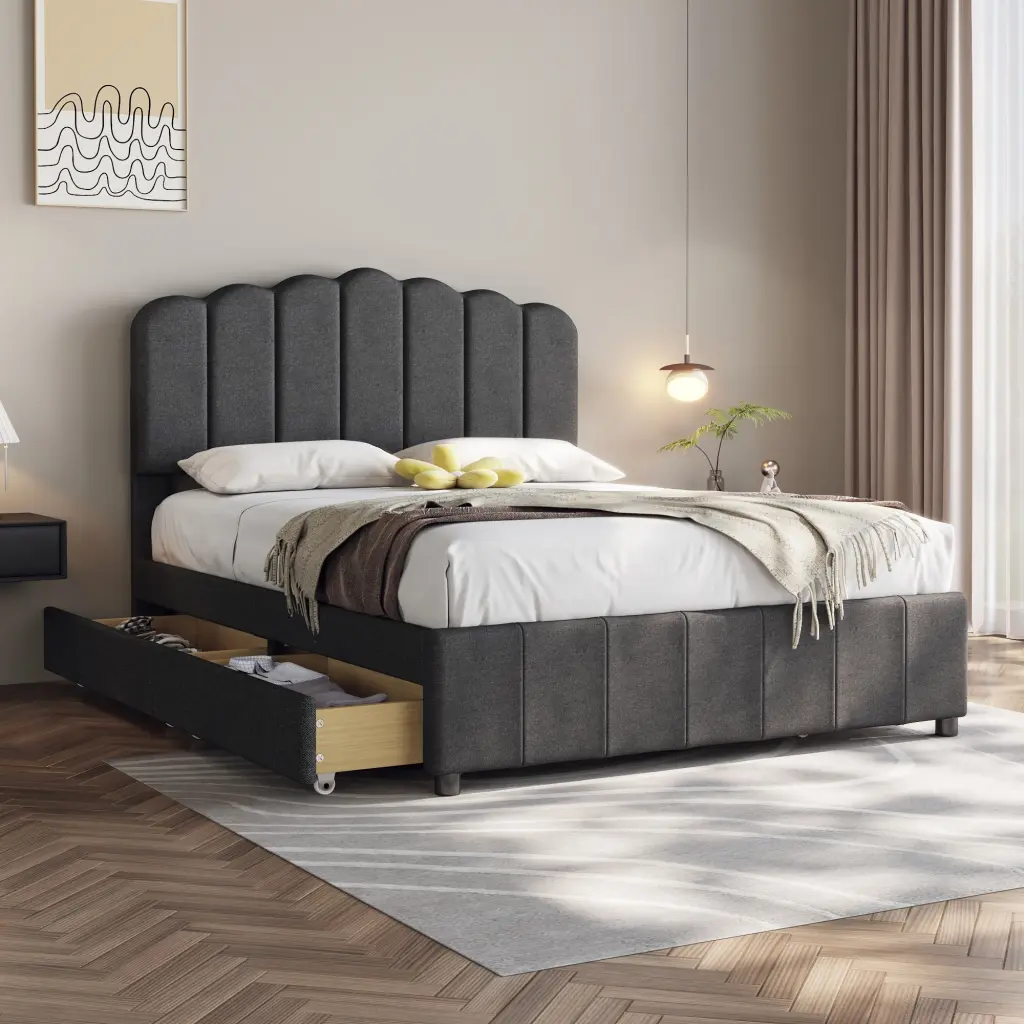 Full Dimensions Upholstered Bed 4 Storage Drawers Timber Slat Assistance wm dreamland