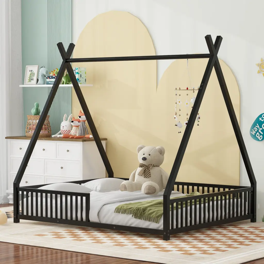Metal Full Size Platform Bed Triangle Structure and Guardrail wm dreamland