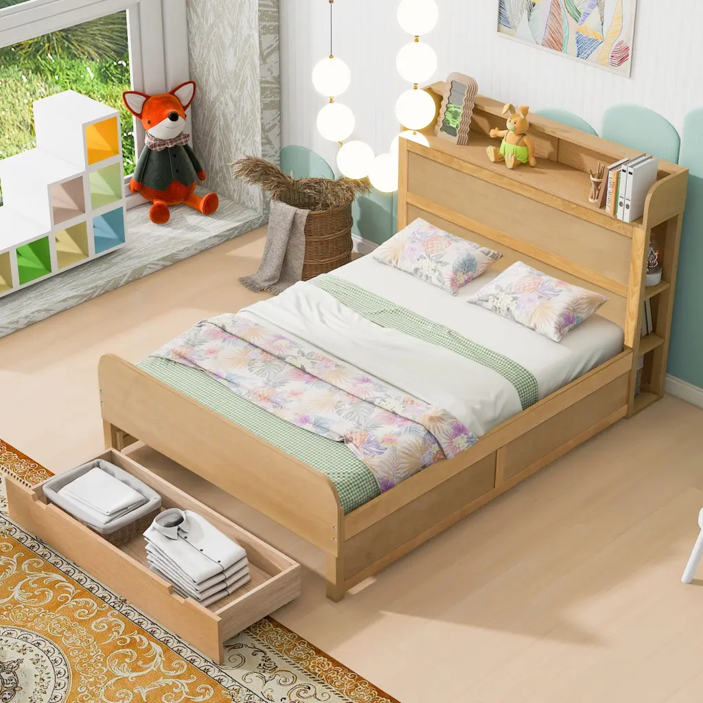 Full Size Platform Bed Storage Headboard And Big Drawer - Wood Construction wm store