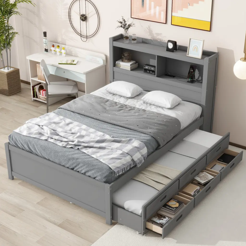 Full Size Platform Bed Trundle Drawers USB Plugs Gray Modern Storage Bed wm store