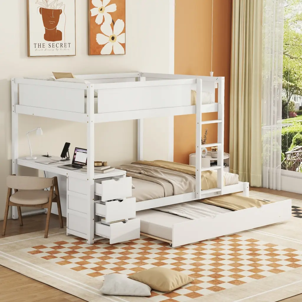 Full Over Full Bunk Bed Twin Trundle Storage Desk White Finish lucky furniture