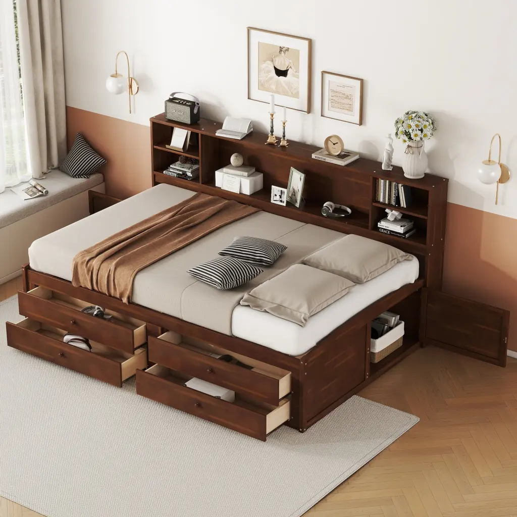 Full Size Wooden Captain Bed Constructed Storage Shelves 4 Drawers wm store