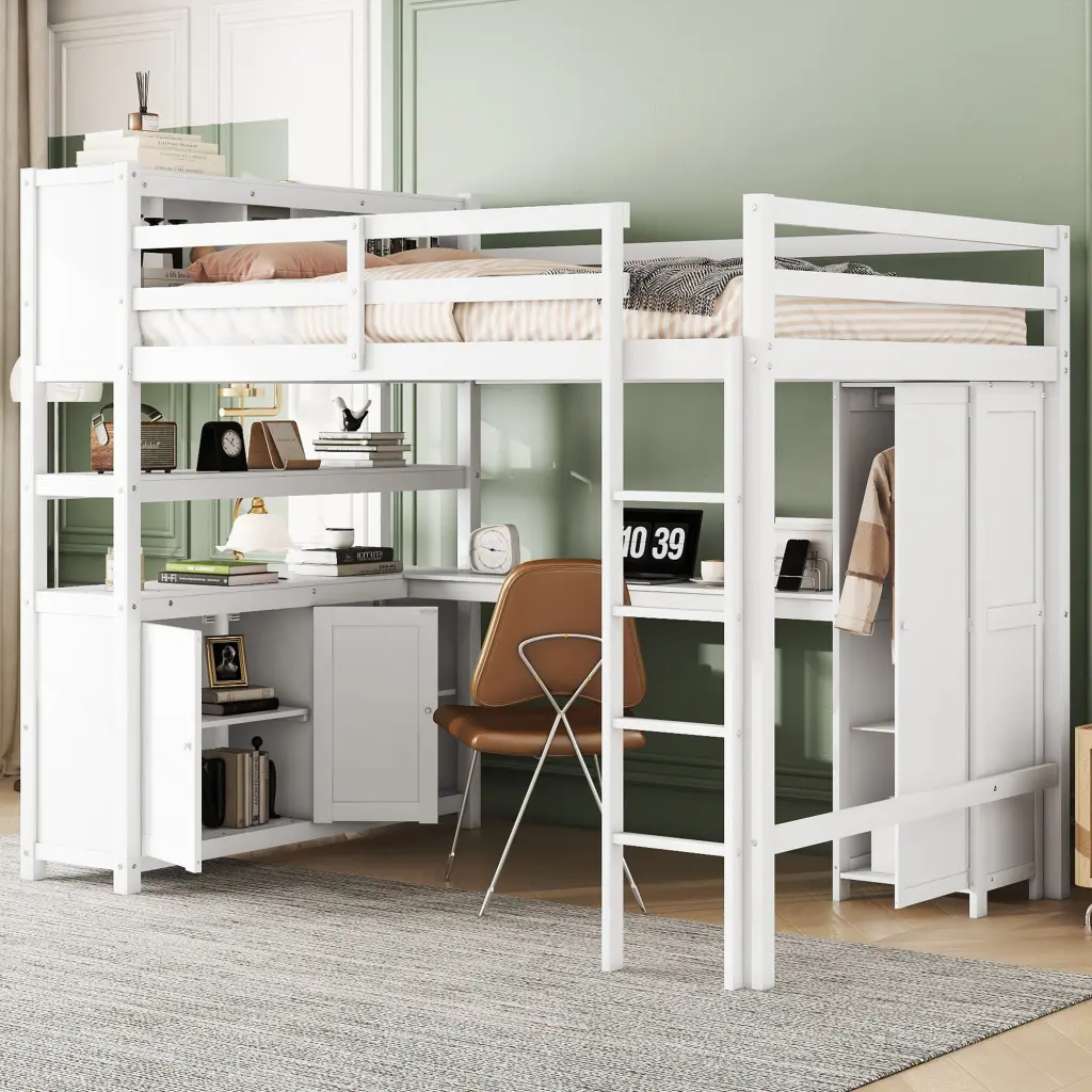 Wood Loft Bed Cabinet and Bookshelf Full Size Wardrobe bonwell