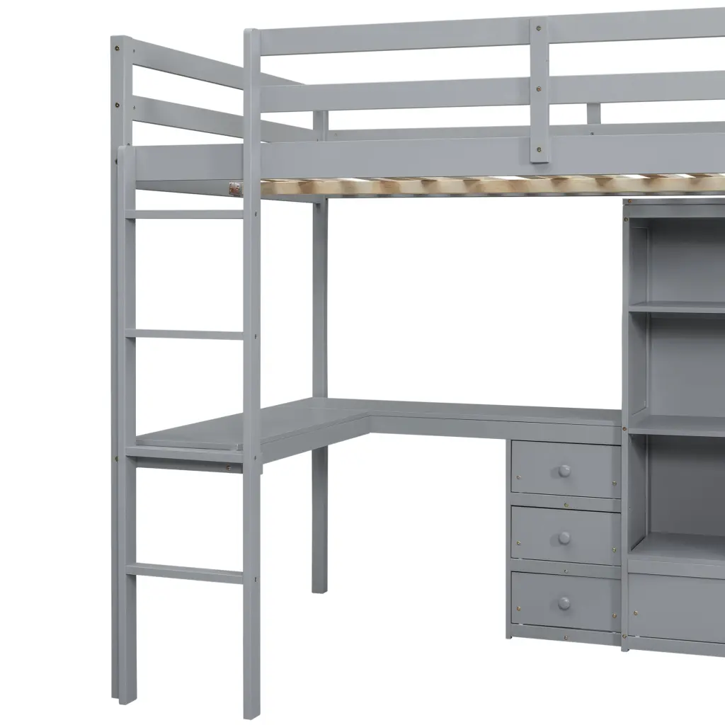 Full Size Loft Wood Bed Desk Storage Shelves and Drawers inspirit
