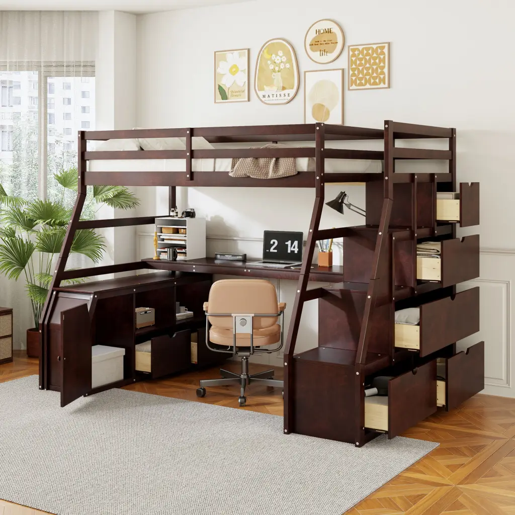 Full Size Loft Bed 7 Drawers 2 Shelves and Desk Espresso Finish lucky furniture