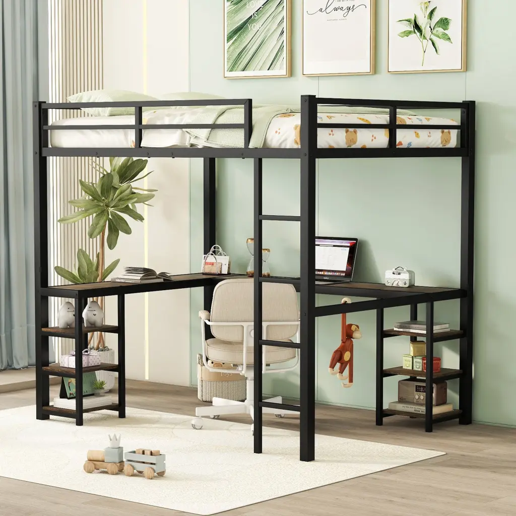 Full Metallic Loft Bed Desk And Shelves Ladder And Guardrails magic more