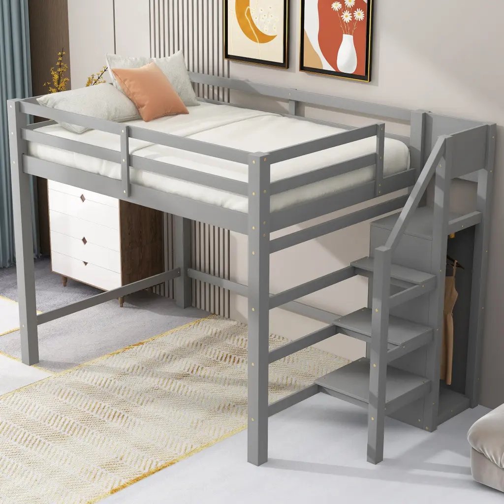 Full Size Loft Bed Built- Storage Wardrobe and Staircase Gray Space Saving Furniture wm store