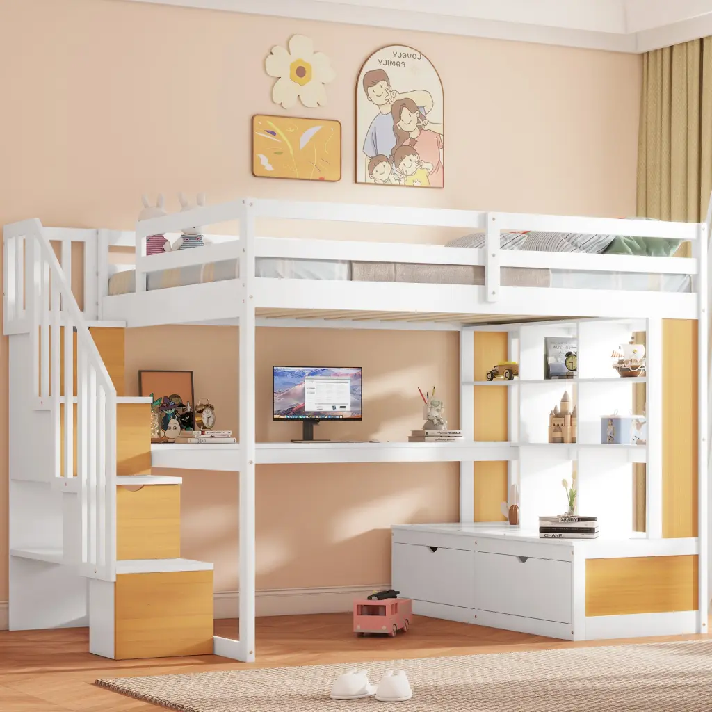 Full Size Loft Bed Desk And Shelves Two Constructed Drawers Storage Space Saving Furniture wm store
