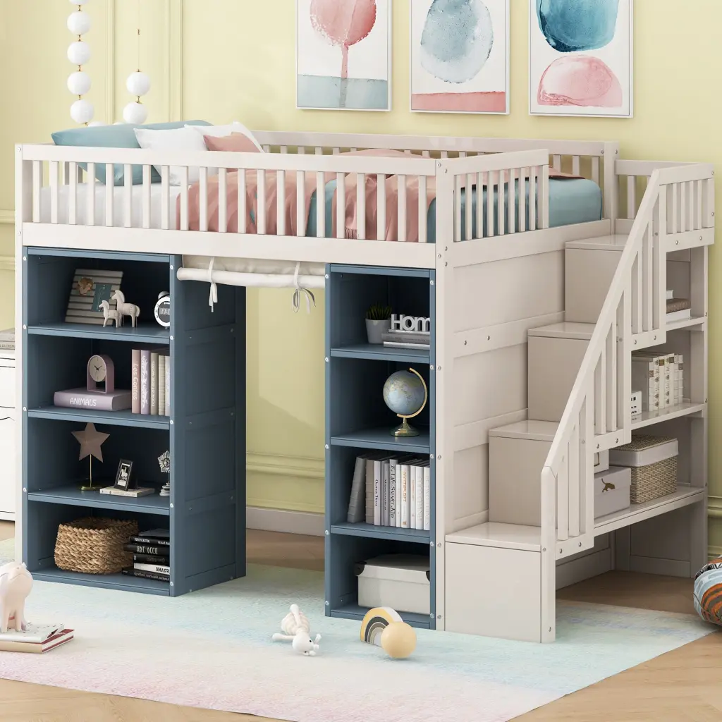 Full Size Loft Bed 2 Four Layer Storage Cabinets And Curtain White wm store