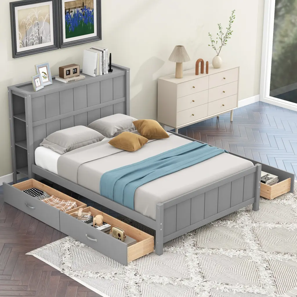 Full Size Platform Bed Drawers and Storage Shelves Gray Finish wm store