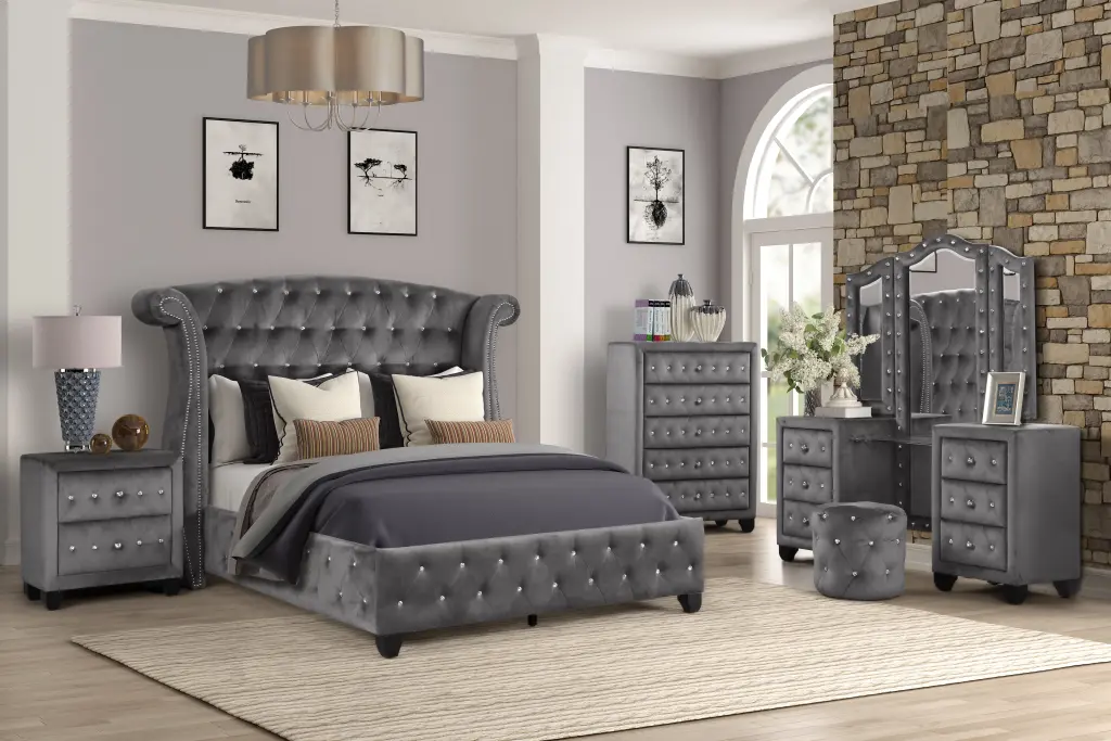Full Size 5 Piece Vanity Upholstery Bedroom Set Gray Timber Box Spring galaxy home furnishings