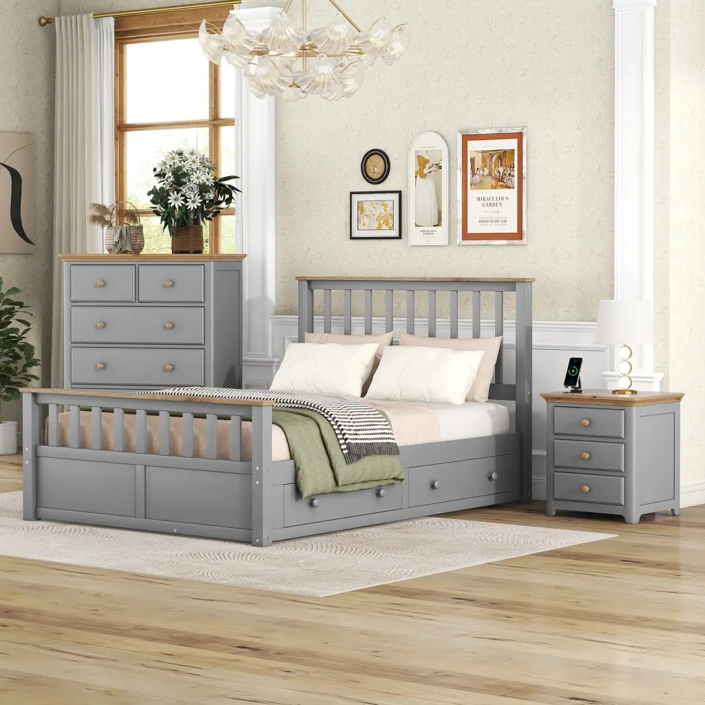 3 Piece Bedroom Set Full Size Platform Bed Nightstand and USB Charging homey life