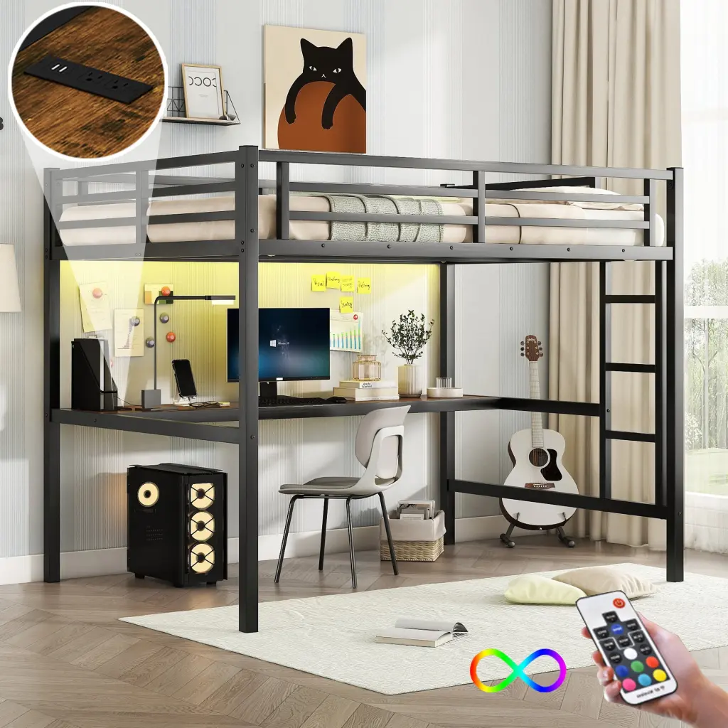 Metallic Full Size Loft Bed Power Outlet And LED Lighting Space Saving Design bonwell