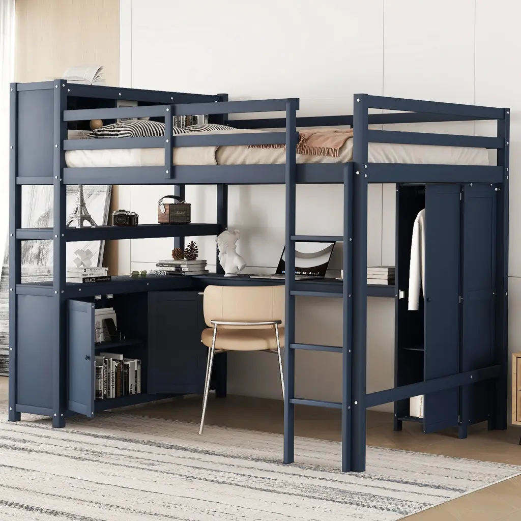 Wood Loft Bed Cabinet and Bookshelf Full Dimensions Wardrobe bonwell