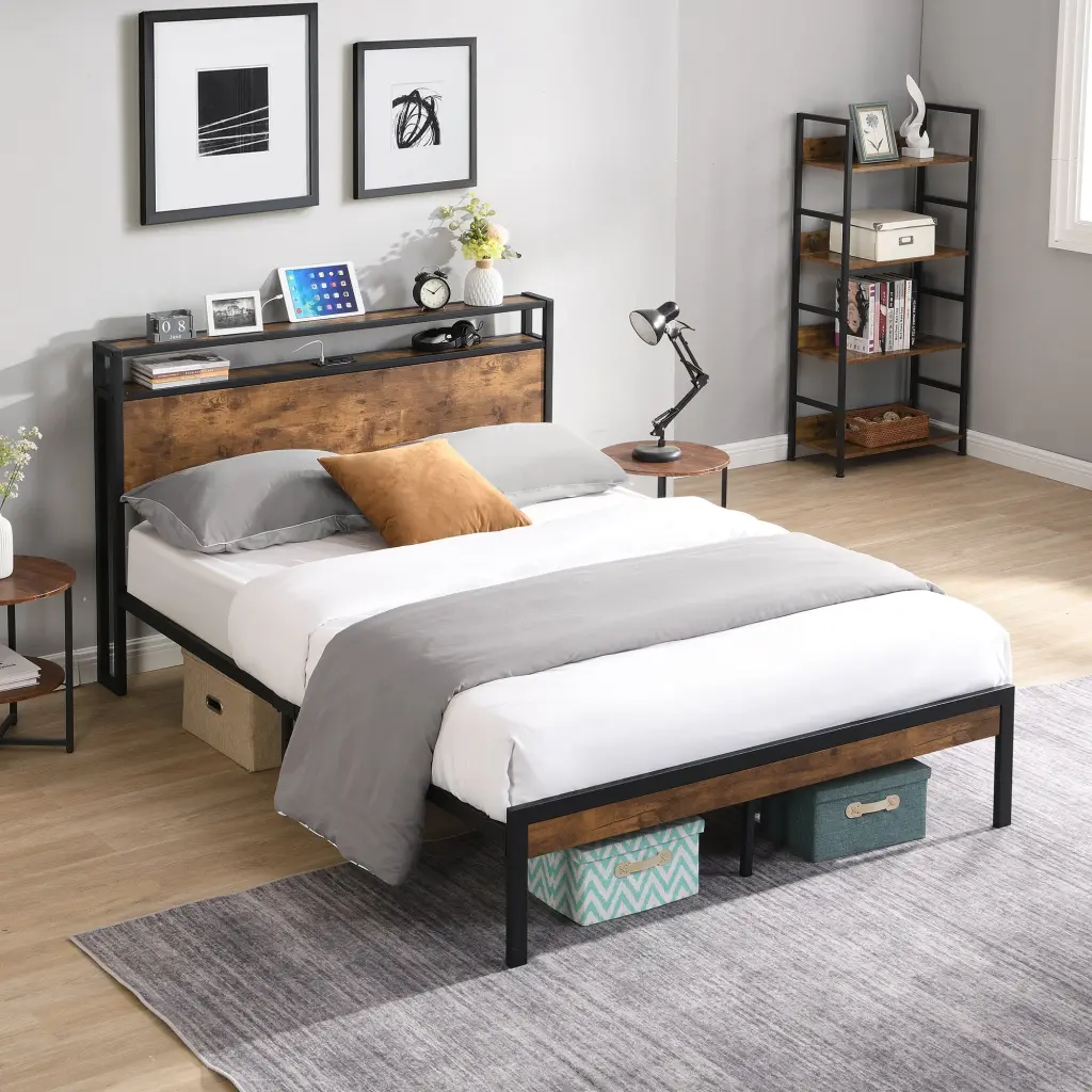 Full Size Metal Platform Bed Frame Wooden Headboard and Footboard civilfurniture