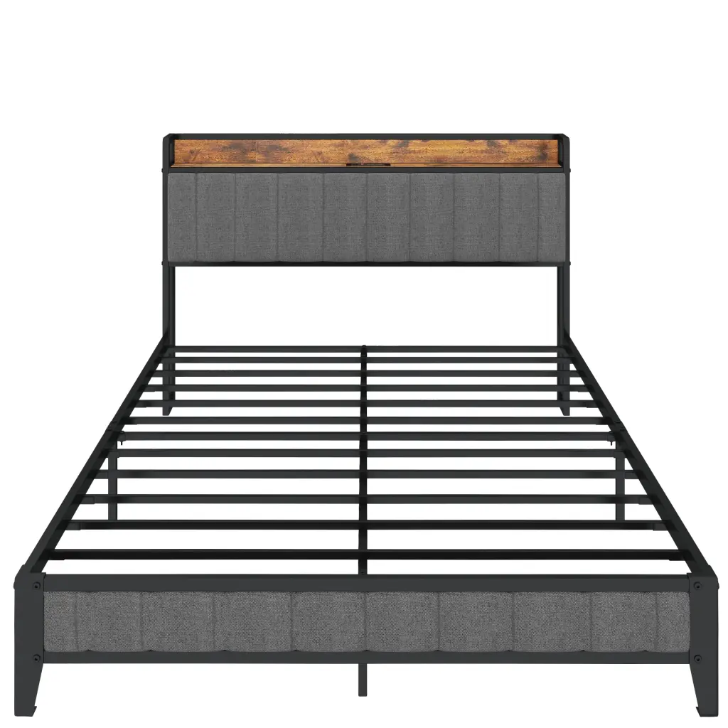 Full Bed Frame Charging Station, Upholstered Headboard and Metal Frame f-concept