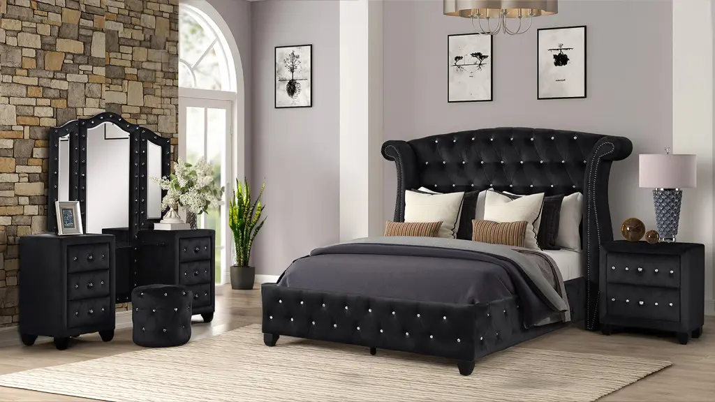 Full 4Pc Vanity Upholstery Bedroom Set Timber Frame Black galaxy home furnishings