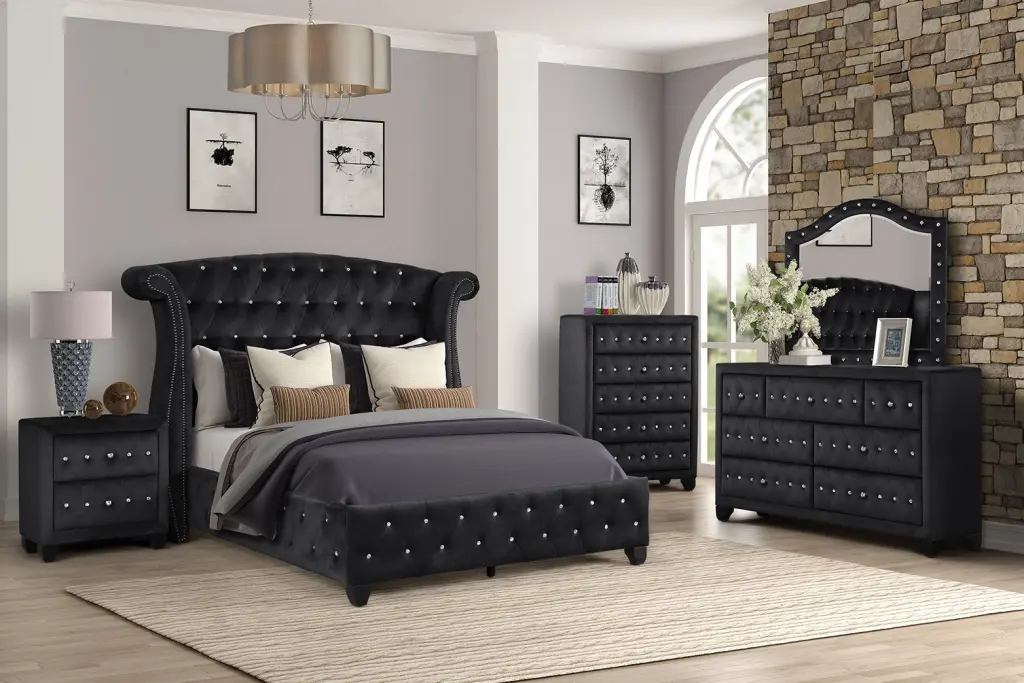 Full 5Pc Upholstery Bedroom Set Timber Frame Black galaxy home furnishings