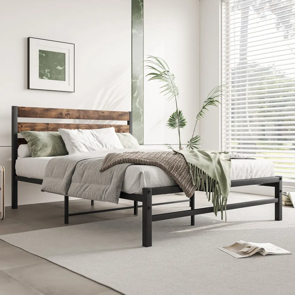 Full Size Platform Bed Frame Rustic Vintage Wood Headboard home furniture
