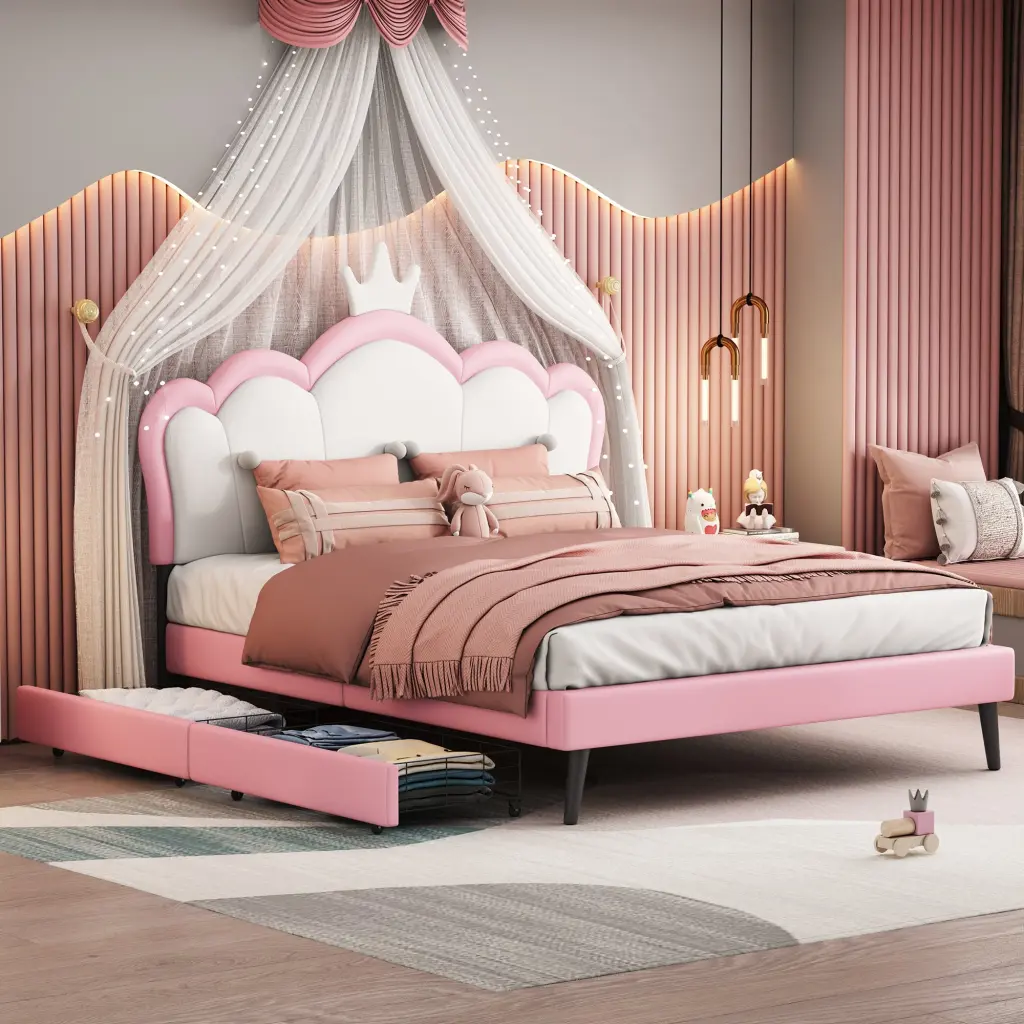 Full Size Princess Bed Crown Headboard And 2 Drawers Pink Furniture homey life