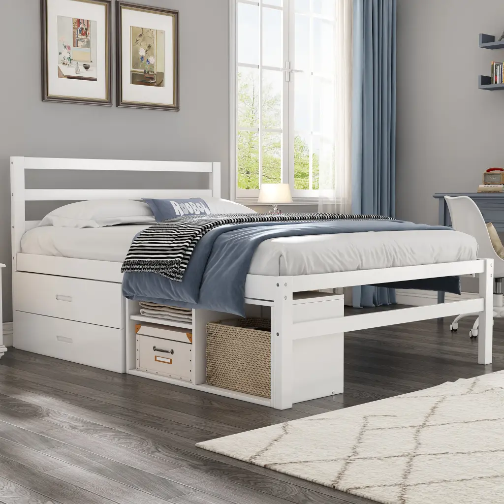 Full Size Wood Platform Bed Removable Storage Shelves Constructed Solid Wood homey life