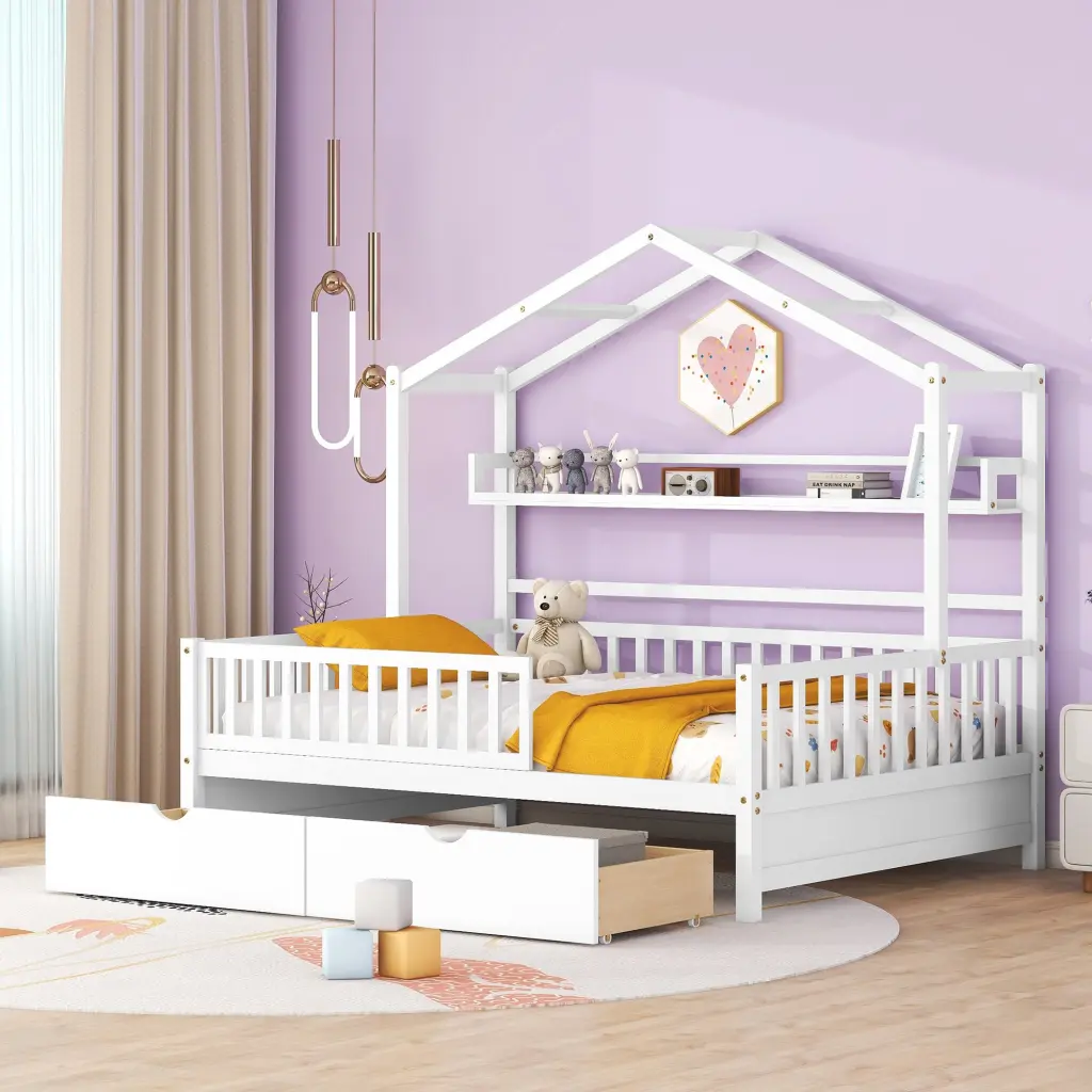 Wooden Full Dimensions Houtilize Bed 2 Drawers, Kids Bed Storage Shelf homey life