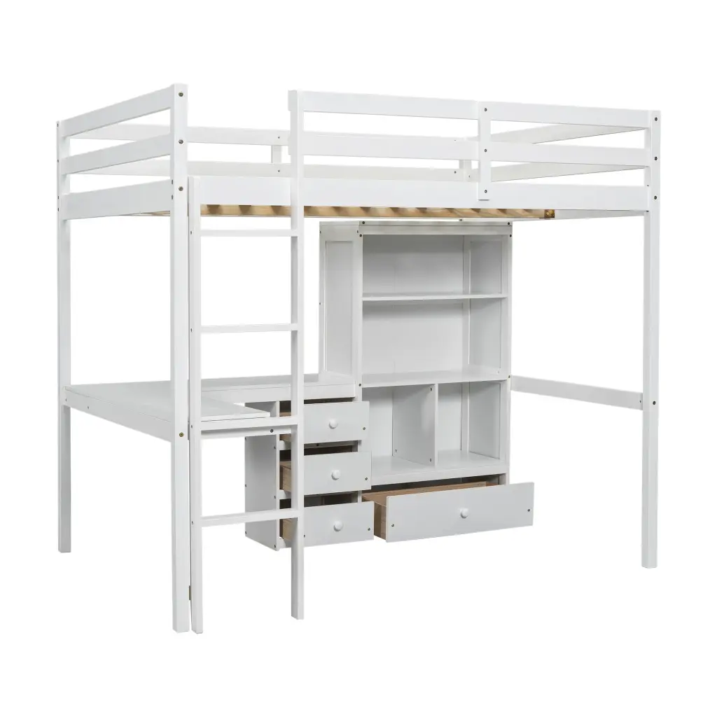 Full Size Loft Timber Bed Desk Storage Shelves Drawers Built- Workstation inspirit